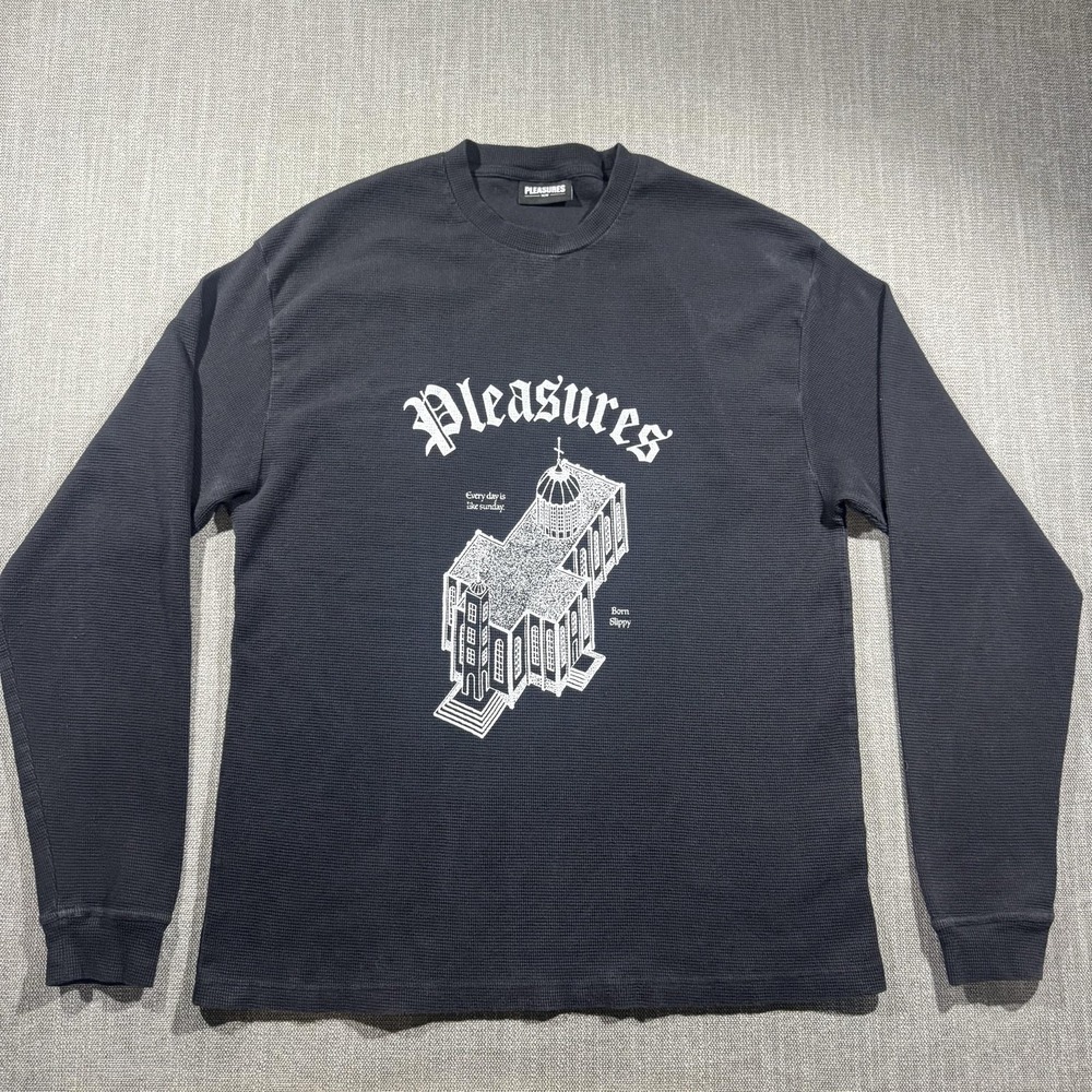 Pleasures Shirt Mens 2XL Black Thermal Long Sleeve Church Graphic Tee Streetwear